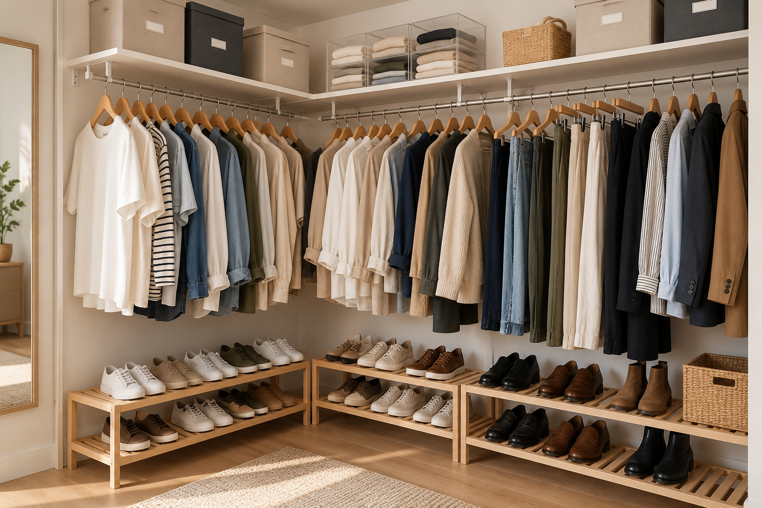 Vestidor minimalista con estantes removibles de madera para zapatos